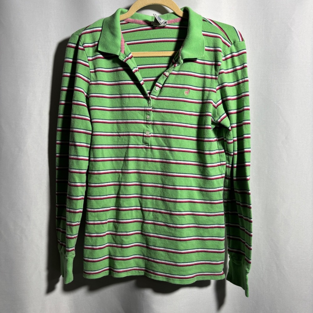 VTG Y2K Womens Green Pink Striped Long Sleeve Polo Top Blokette‎ Tennis Prep L